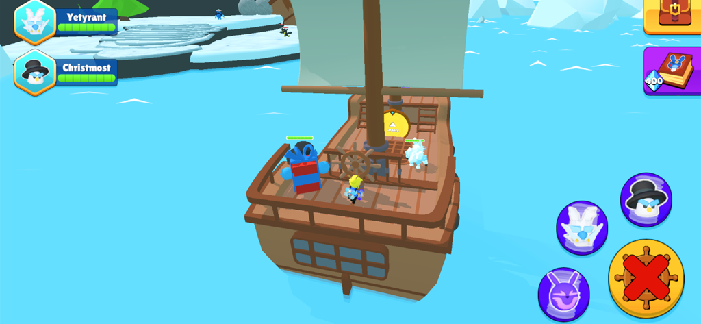 A character steers a wooden boat with two toon monsters on the deck in a stylized ocean environment