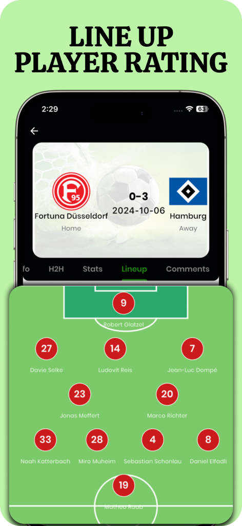 Kick Off - Football Live Match - Interfaz de aplicación móvil que muestra la alineación inicial de un partido de fútbol con las posiciones de los jugadores en un gráfico de campo