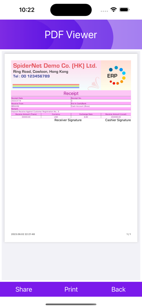 SpiderNet Online ERP System - Le visualiseur PDF de l'application SpiderNet ERP affichant un reçu commercial