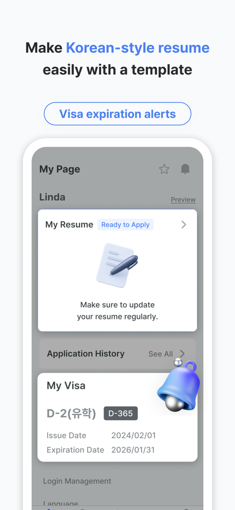 KOWORK - Korean Job & Visa - Painel do aplicativo KOWORK mostrando um modelo de currículo estilo coreano e alertas de expiração de visto