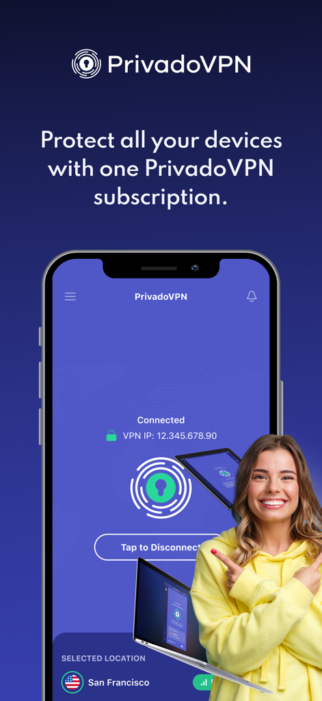 PrivadoVPN Fast VPN and Proxy - Application PrivadoVPN sur un iPhone affichant une connexion sécurisée pour la protection multi-appareils