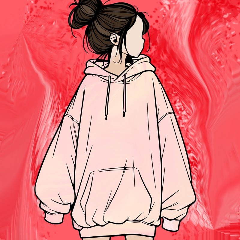 realistic girl with a oversized sweatshirt on and a bun