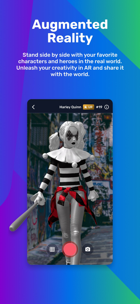 VeVe Collectibles - Smartphone screen showing the VeVe app augmented reality feature with a 3D Harley Quinn digital collectible in a real-world setting.