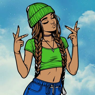 realistic teenage girl with braids and a beanie and crop top doing 🫶🏼