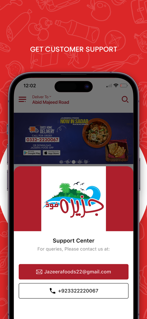 Jazeera Foods - Jazeera Foods mobile app support center screen with contact email and phone number