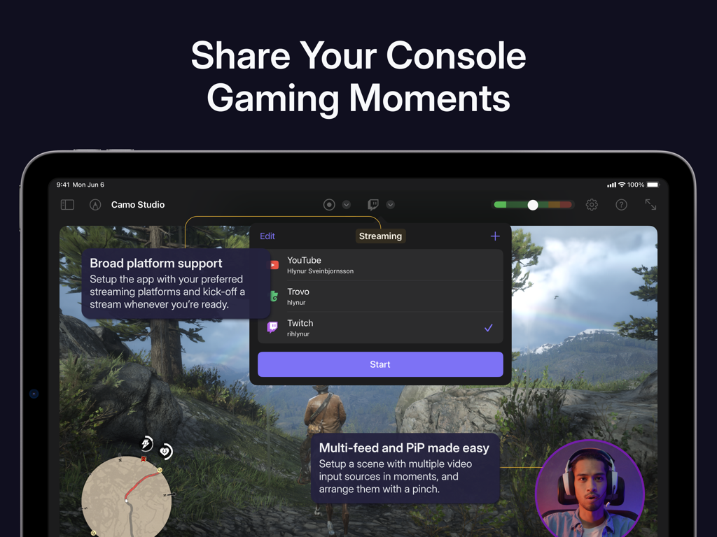 iPad interface of Camo Studio showing console gaming stream setup with platform options and picture-in-picture