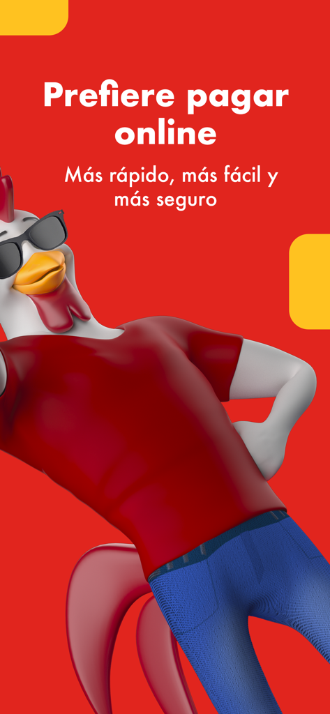aCuenta - Promotional screen for the aCuenta app highlighting fast and secure online payments with a rooster mascot.