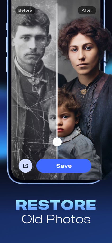 Clear Picture: Photo Enhancer - Before and after comparison of an old scratched family photo being restored and colorized by the Clear Picture app.