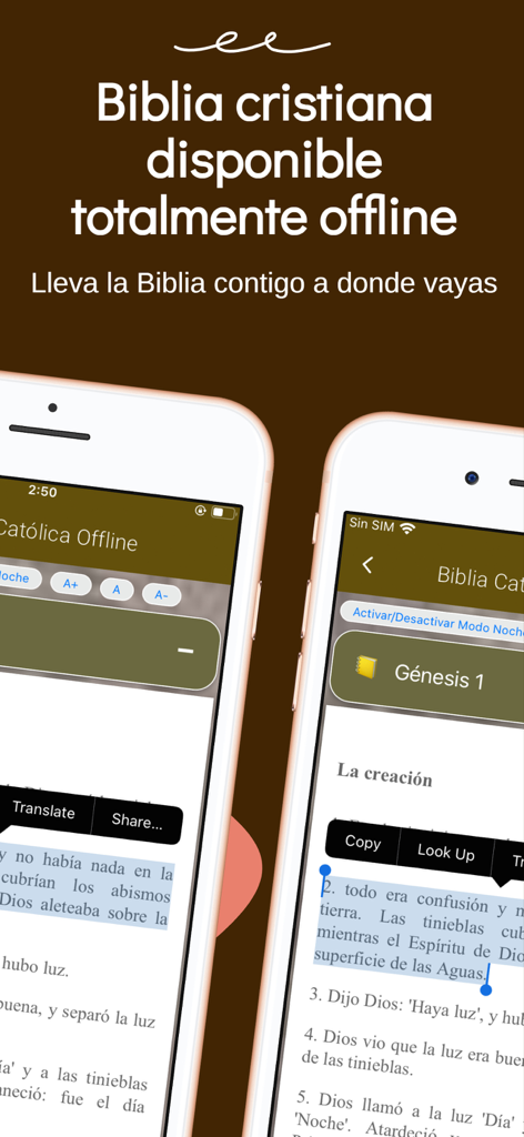 El Libro de Enoc y Biblia - Captura de pantalla de la aplicación de la Biblia cristiana en español destacando su funcionalidad sin conexión y sus características de selección de texto