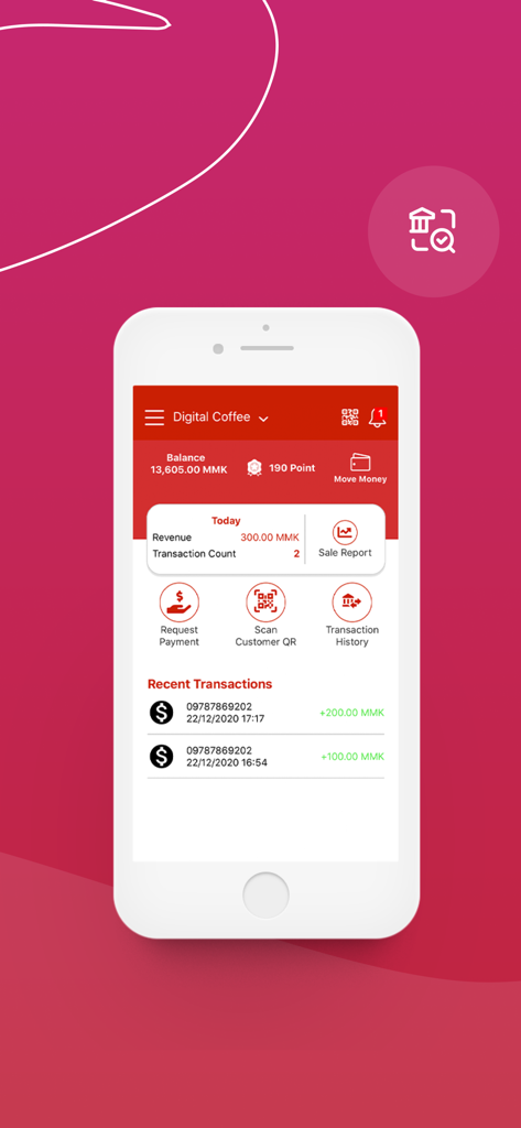 AYA PAY Merchant - AYA PAY Merchant app dashboard showing balance and recent transactions