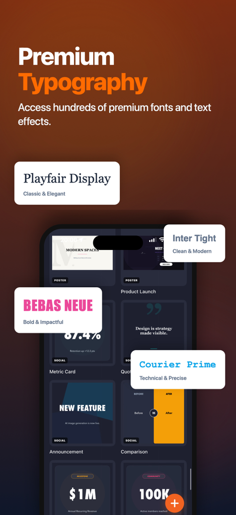 InfoGraphic and Poster Creator - Eine Auswahl an Premium-Schriftarten, darunter Playfair Display und Bebas Neue, in der Benutzeroberfläche der InfoGraphic and Poster Creator App.