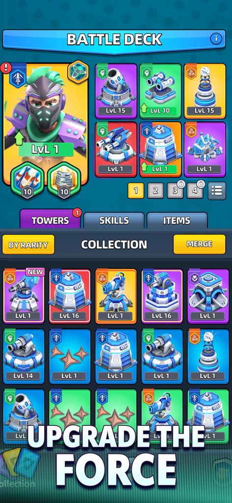 Pantalla de mazo de batalla y colección de torres de Raid Rush que muestra diferentes mejoras de héroe y torre