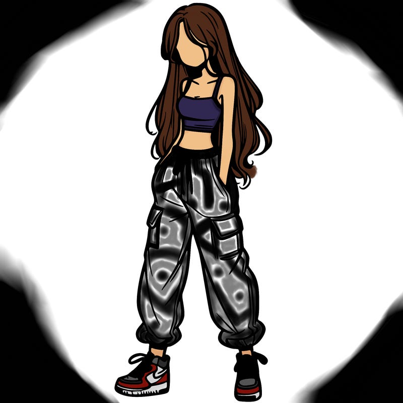 girl in baggy pants crop top and long hair