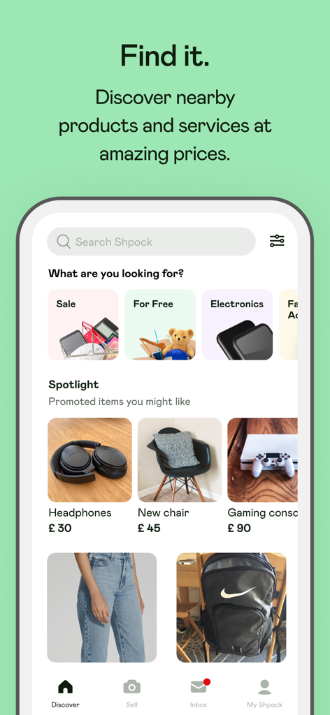 Shpock marketplace app interface displaying local products and categories for buying and selling.