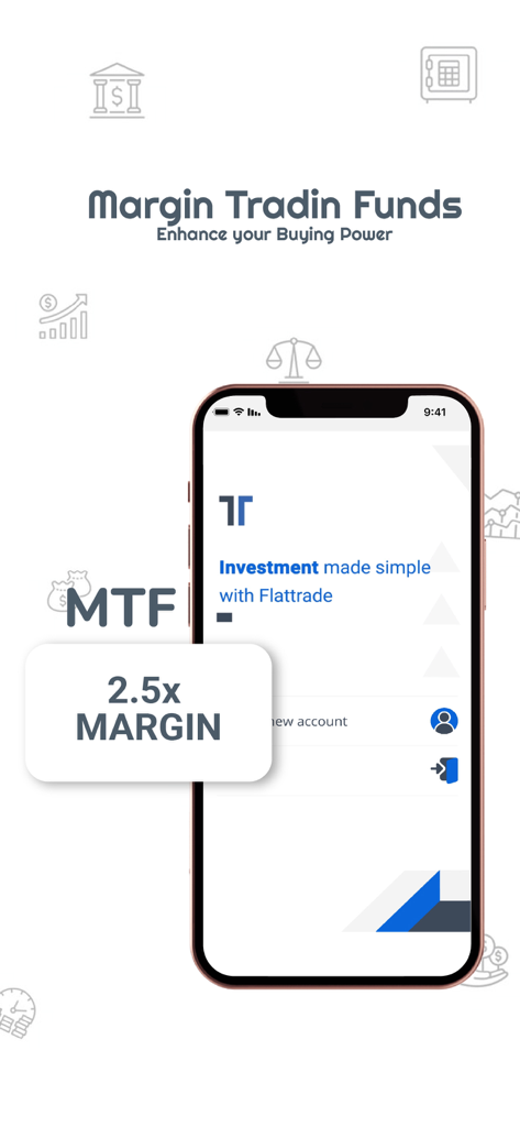 Interface de l'application mobile FLATTRADE montrant la fonctionnalité de fonds de trading sur marge avec un effet de levier de 2,5x