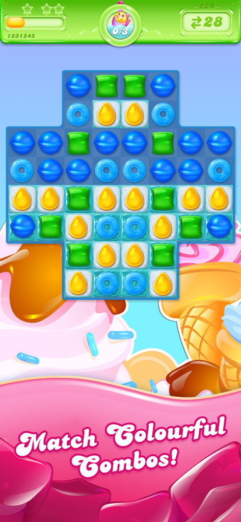 Candy Crush Jelly Saga - Tela de jogabilidade do Candy Crush Jelly Saga mostrando um tabuleiro de quebra-cabeça de doces coloridos