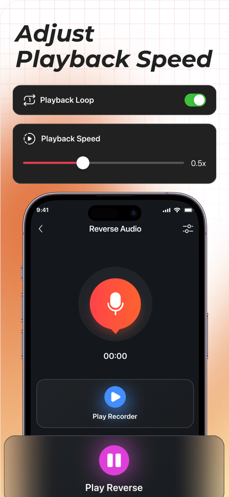 Una interfaz móvil para la aplicación Reverse Singing Fun Challenge que muestra los controles de velocidad de reproducción de audio y una pantalla de grabación con un botón de inversión.