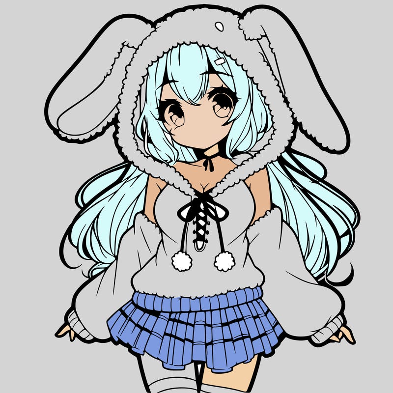 pretty anime girl wearing a fluffy hoodie with bunny ears on the hood and a skirt