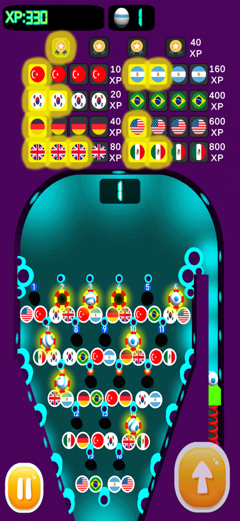 A mobile game screen showing a 3D pinball machine with national flags and a pattern-based scoring system.