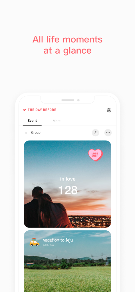 TheDayBefore (days countdown) - TheDayBefore app interface showing a list of visual countdown events for relationship anniversaries and vacation trips.
