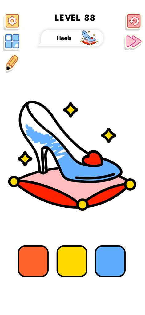 디지털 색칠 게임 인터페이스에서 쿠션 위에 놓인 하이힐