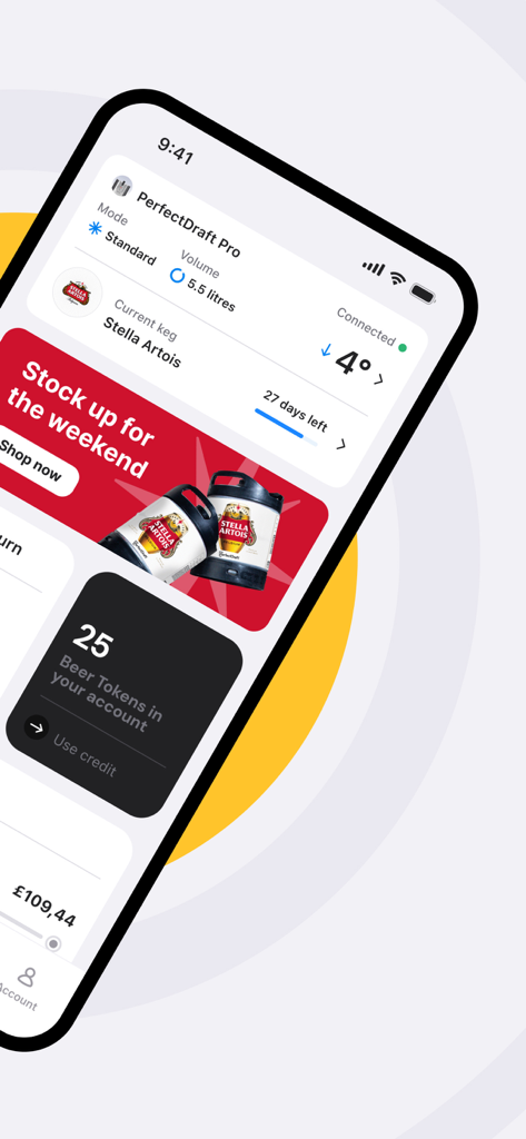 PerfectDraft Pro app dashboard displaying Stella Artois keg volume temperature and beer tokens rewards