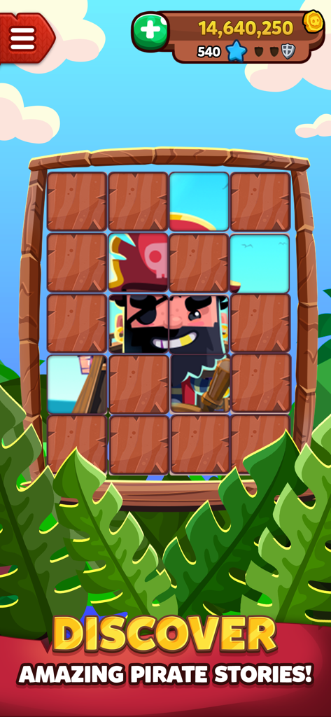 A tile reveal puzzle in Pirate Kings showing a pirate character and the text Discover amazing pirate stories.