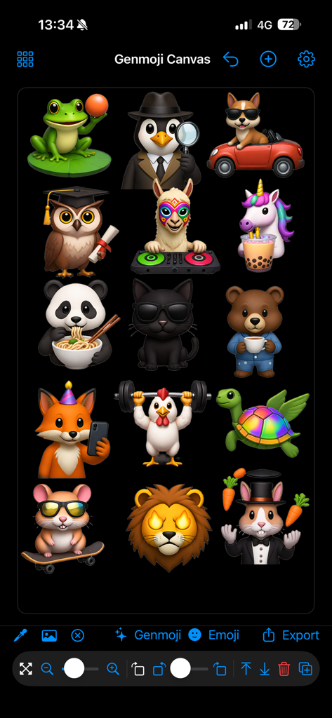 A collection of custom stickers and Genmojis including a DJ llama and a weightlifting chicken on a black editing canvas.