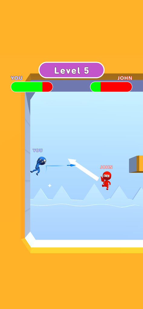 Blue ninja character aiming a projectile at a red ninja opponent in a level 5 battle.