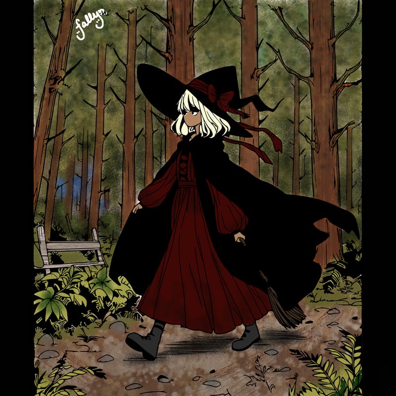 a realistic manga witch walking in a deep forest