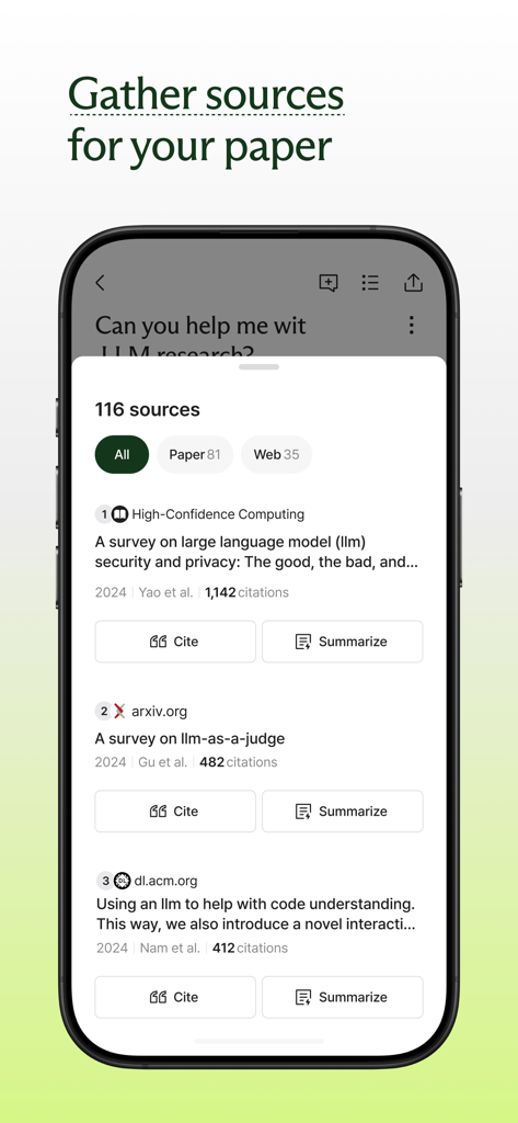 Interface of Liner AI search showing academic papers and web sources with citation and summary features