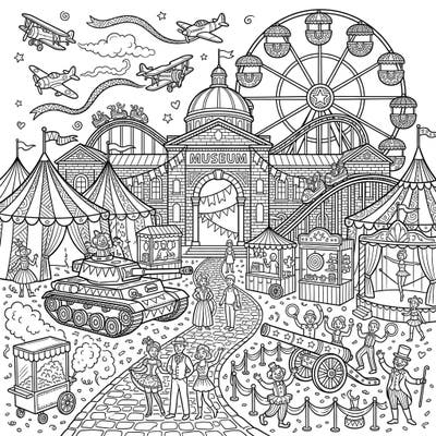 Step into an extraordinary world where the solemnity of a military museum meets the vibrant excitement of a carnival! This unique coloring page offers a fascinating blend of historical exhibits and festive fairground attractions, perfect for igniting curiosity and creativity.
