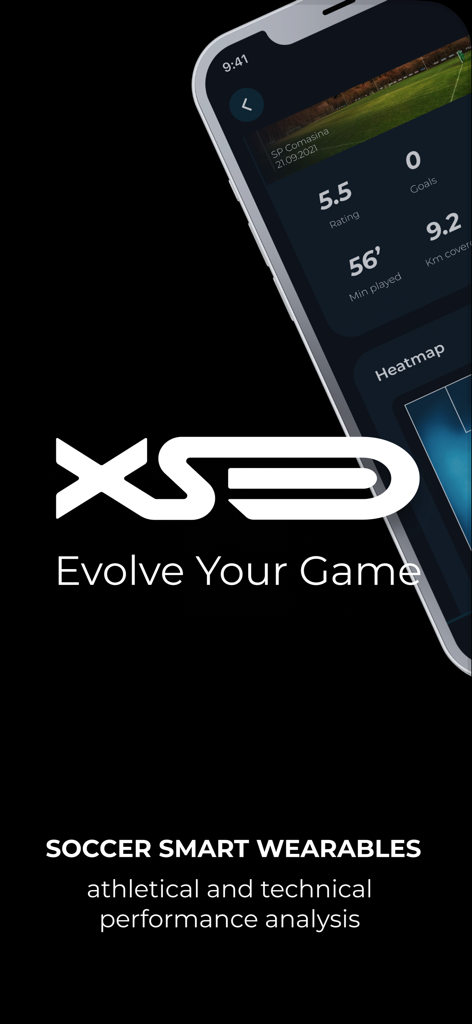 XSEED - Interfaz de la aplicación XSEED en un smartphone mostrando estadísticas de rendimiento de fútbol como la calificación del jugador y la distancia recorrida.
