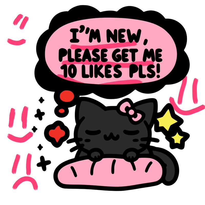 kitty taking a nap dream talking and saying "i'm new, please get me at least 10 likes pls!!"