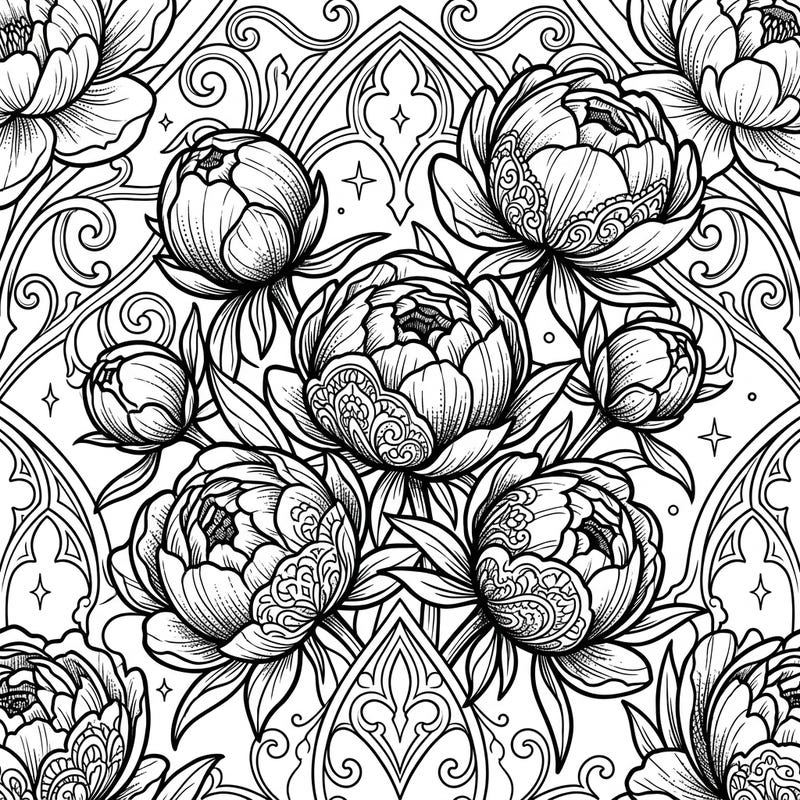 Dive into a world of dark romance with this stunning Gothic Peony Buds coloring page, perfectly designed for creative teens. Featuring delicate flowers intertwined with intricate Victorian-inspired patterns, it offers a captivating artistic challenge.