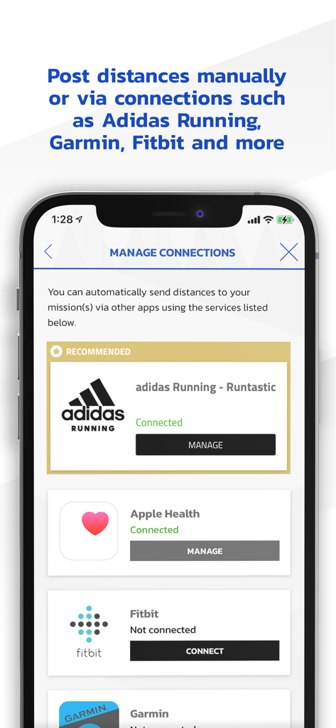 My Virtual Mission - Mobile app screen showing fitness tracker integrations like Adidas Running Apple Health and Fitbit