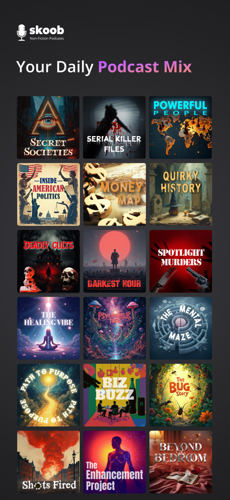 Skoob: NonFiction Podcasts - A grid of various non-fiction podcast titles in the Skoob app showing categories like True Crime Politics and Self-Growth
