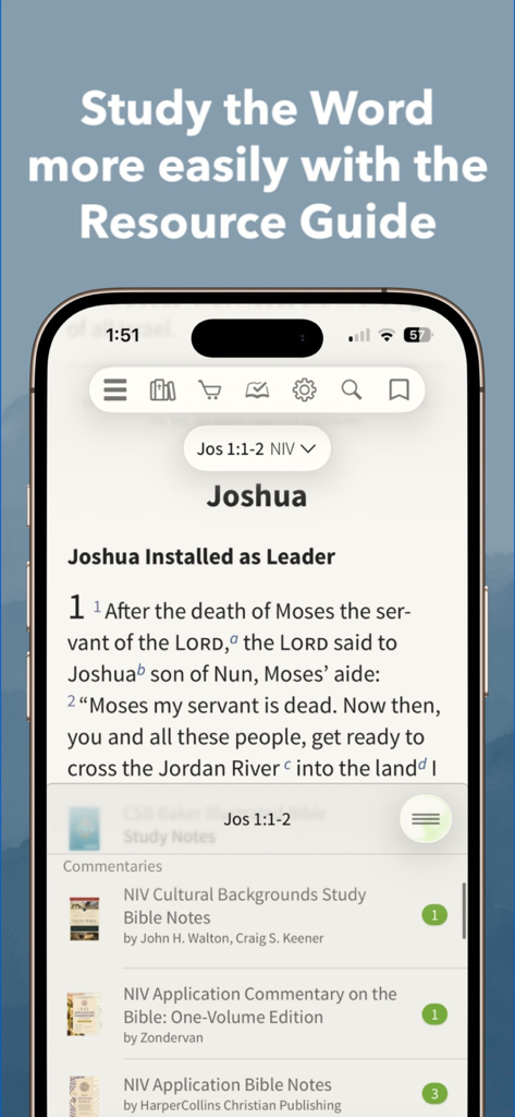 NIV Bible App + - ヨシュア記と様々な解説書を特徴とするリソースガイドが表示されているNIV聖書アプリの学習インターフェースのスマートフォンの画面。