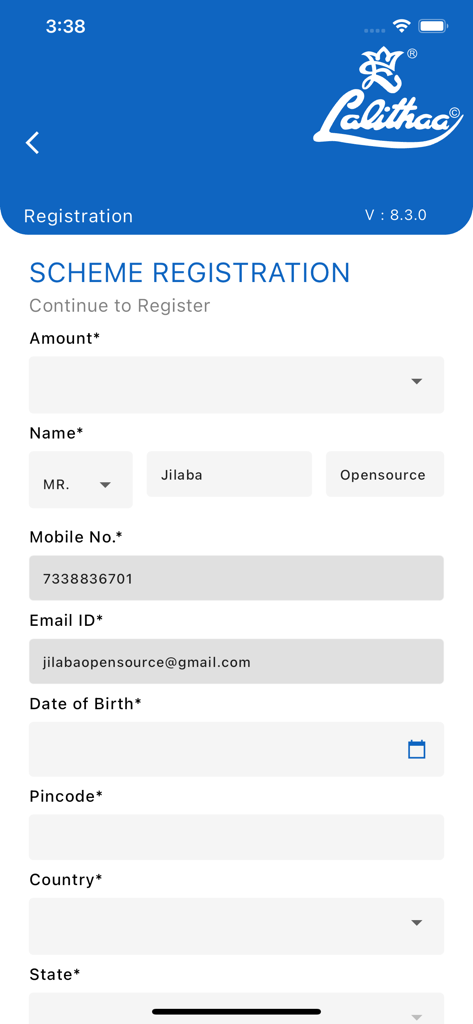 Lalithaa Jewellery - Lalithaa Jewellery mobile app gold scheme registration form with fields for personal details and investment amount