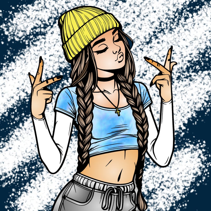 realistic teenage girl with braids and a beanie and crop top doing 🫶🏼