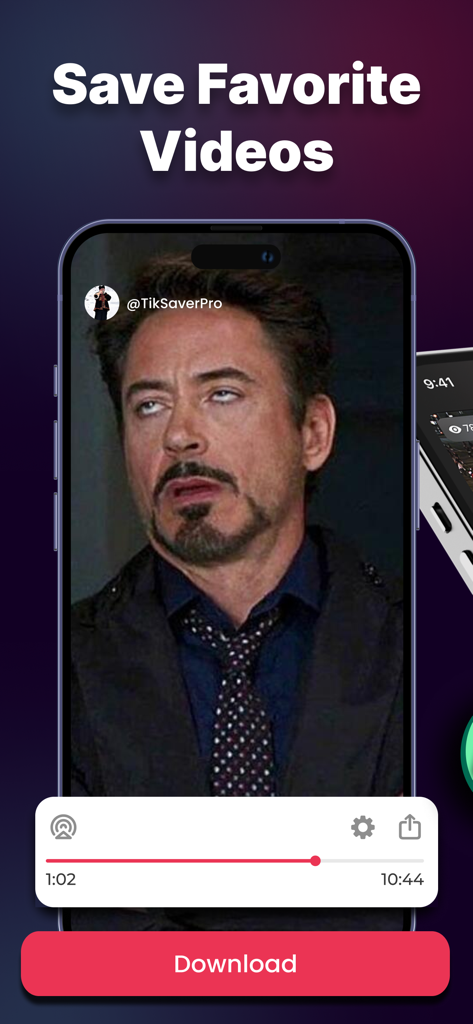 Tik Saver: Save Tok Video Pro - Interface of Tik Saver app showing a video player and a red download button to save favorite content.