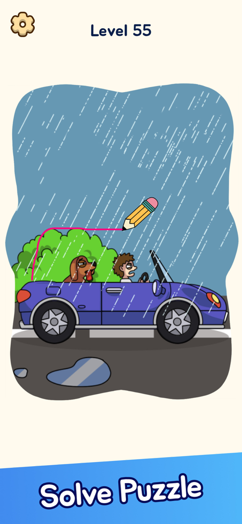 Draw Puzzle: Funny Brain Games - A player drawing a roof for a convertible car in the rain to protect a driver and his dog