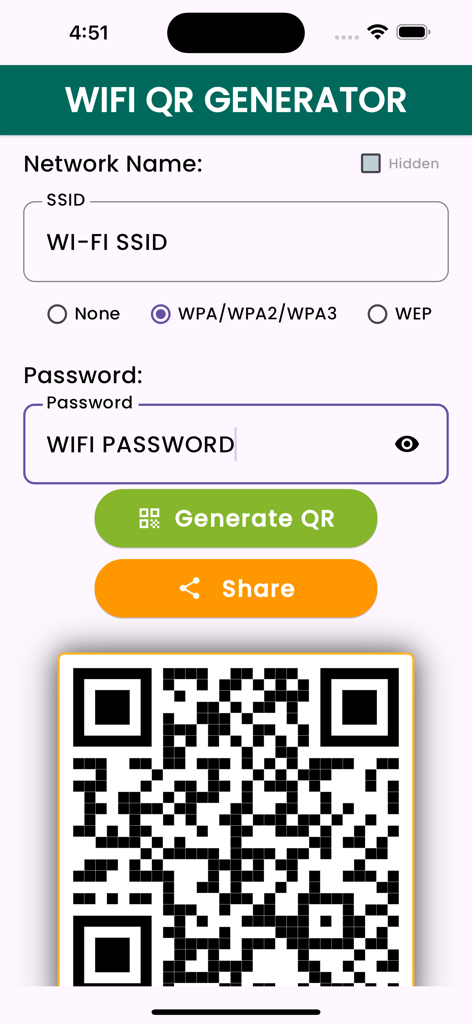 Oberfläche zur Generierung eines WLAN-QR-Codes mit SSID- und Passwort-Eingaben.