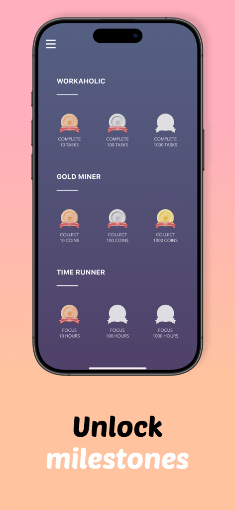 Plantie - Stay focused - 완료된 작업과 집중 시간에 따라 잠금 해제할 수 있는 업적 배지를 보여주는 Plantie 앱 화면