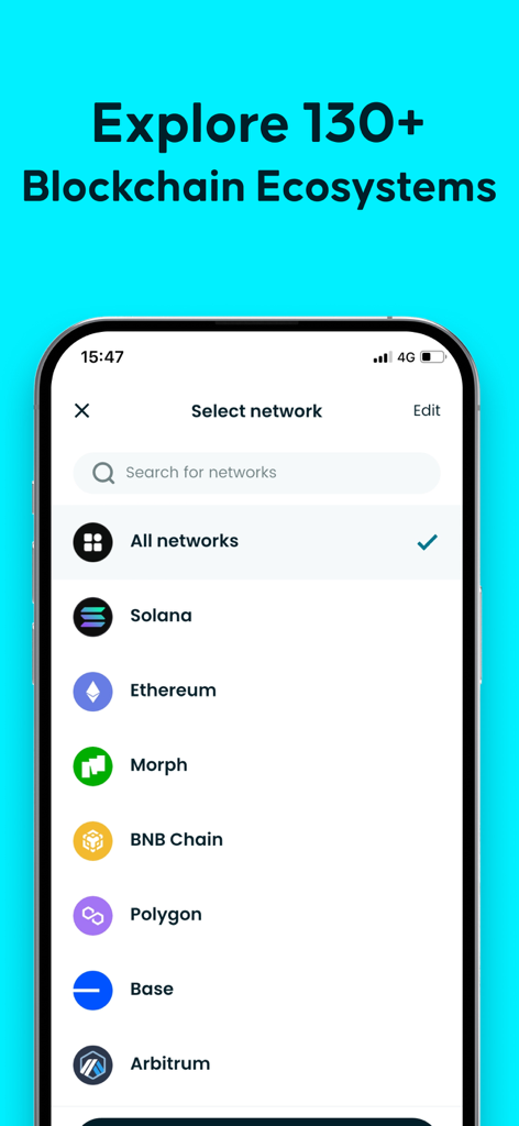 Bitget Wallet: Bitcoin, Crypto - Bitget Wallet app interface displaying a selection of supported blockchain networks including Solana, Ethereum, and BNB Chain