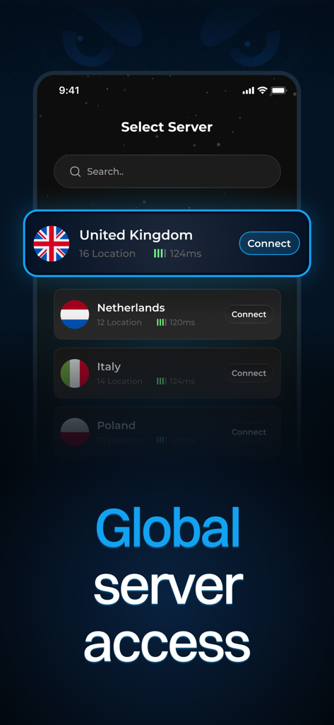 Husky VPN - Go Borderless - Husky VPN mobile app screen showing a list of international servers including the United Kingdom and Netherlands
