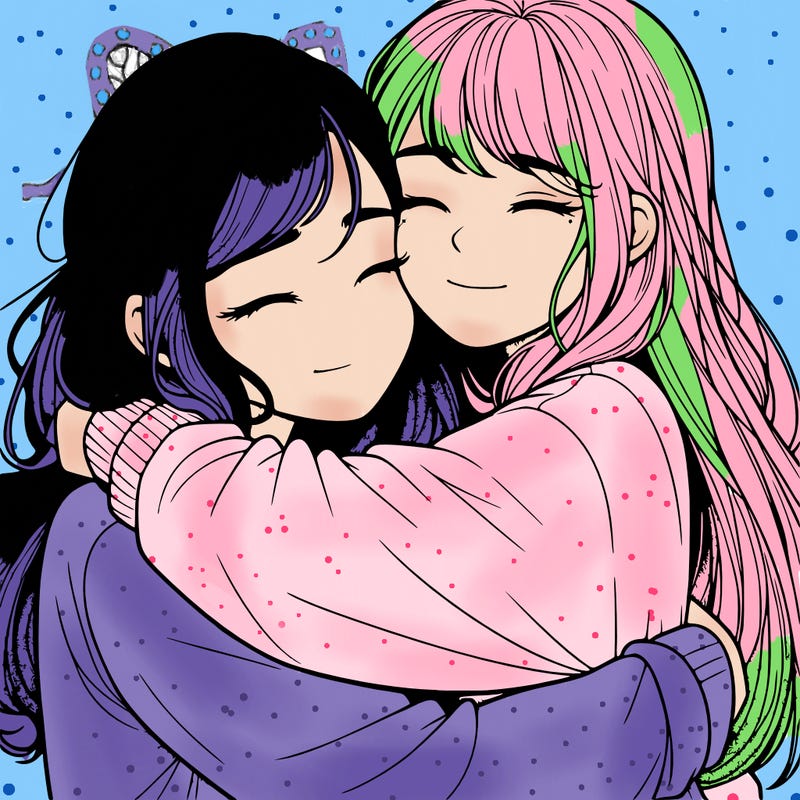 realistic two girls hugging