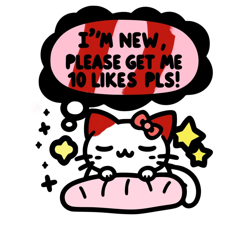 kitty taking a nap dream talking and saying "i'm new, please get me at least 10 likes pls!!"