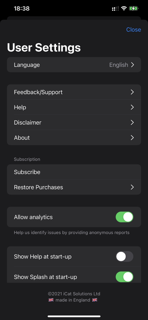 CT Anatomy - User settings menu for the CT Anatomy app showing options for language, subscription, and analytics.