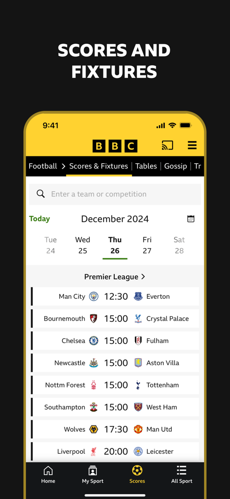 BBC Sport app interface showing English Premier League scores and fixtures.